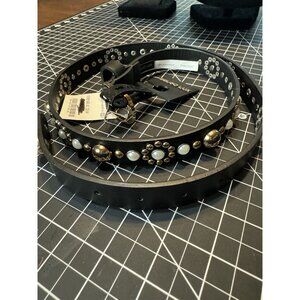 Belgo Lux Women's Studded Belt With Faux Pearls & Rhinestones Black Polyurethane